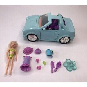 Polly Pocket Blue T-Top Fashion Cruiser Car 2005 with Doll and Clothes Mattel